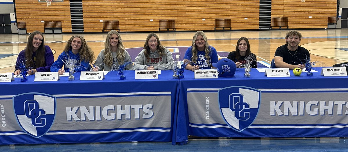 Athletics_OCHS's tweet photo. Congratulations to our NCAA Signees: From Left: Jenna Kuehn (Basketball UWSP); Lucy Tapp (VB- Aurora U.); Ava Turlais (VB-Drake U.); Isa Ruether (VB- Troy U.); Kennedy Christopher (SB- U. Of Kentucky); Rita Sippy (SB-Christian Brothers U.) Mack Endres (Baseball-UW Whitewater) https://t.co/KWaSuIOZBI