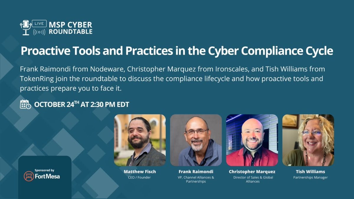 ICYMI: Last month, our own Frank Raimondi was among panelists on <a href="/FortMesaSec/">FortMesa</a>'s MSP Cyber Roundtable podcast, where he joined other experts to talk about the compliance lifecycle and how proactive tools and practices prepare you to face it.

Watch it here: hubs.ly/Q03T1rDz0