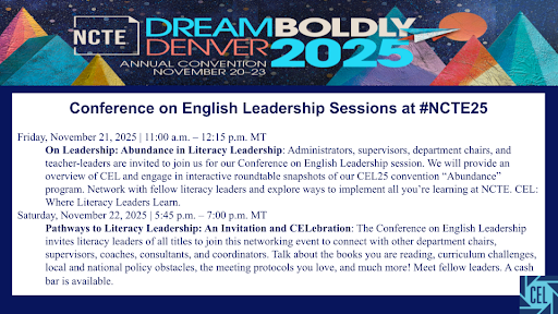 ncte_cel's tweet photo. Join #CEL and @ncte at #NCTE25! We invite anyone in leadership positions—admin, department chairs, etc. Our #OnLeadership session will preview #CEL25 with engaging roundtable discussions, and our social hour will connect you with peers in leadership roles. https://t.co/1aNeNr34pP https://t.co/YVDnudjL6A