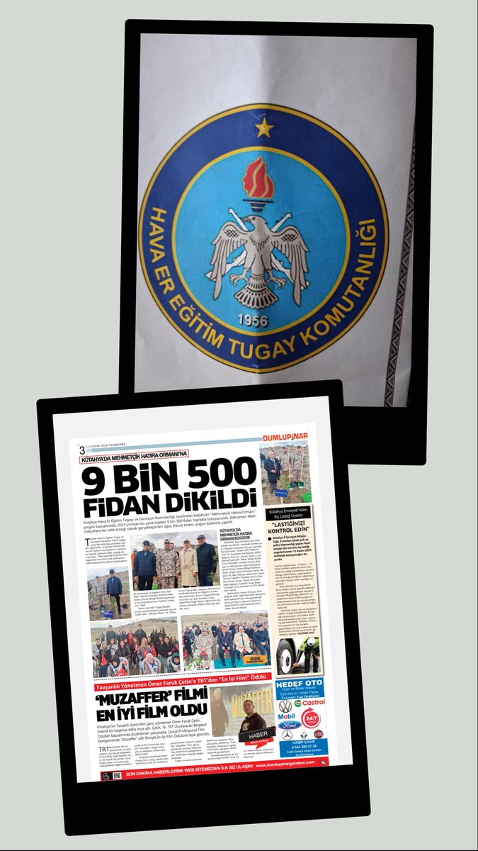 MEHMETÇİK HATIRA ORMANINA; 
KÜTAHYA 
HAVA ER  EĞİTİM TUGAY KOMUTANLIĞININ BİR VEFA ÖRNEĞİ OLARAK;
TOPLAMDA 9 BİN  500 FİDAN TOPRAKLA BULUŞTU..
DUMLUPINAR GAZETESİ 
<a href="/ituncoglu/">İhsan TUNÇOĞLU🇹🇷</a>