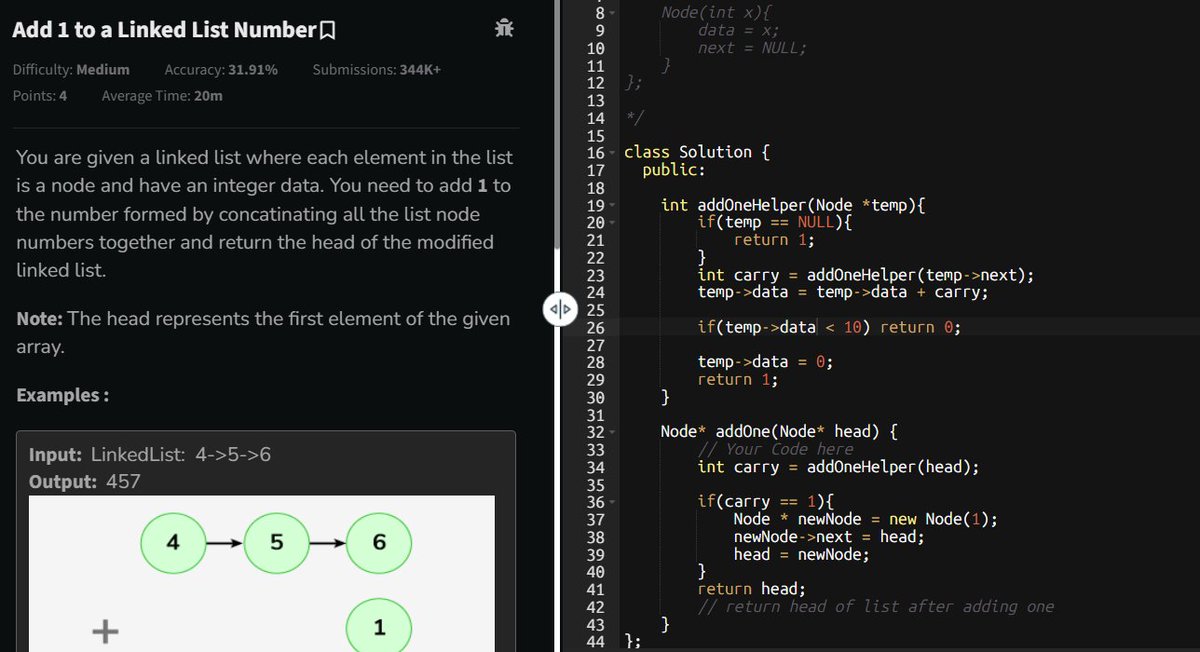 codewithpiyus's tweet image. 60DaysOfCode-Day 12

Linked List Problems:
💠Sort a Linked List of 0’s,1’s, and 2’s by changing links✅
💠Find the Intersection Point of Y Linked List✅
💠Add 1 to a Number Represented by Linked List✅
💠Add 2 Numbers in a Linked List✅

#DSAinCPP #TUF #TUFWinterArc #60DaysOfCode