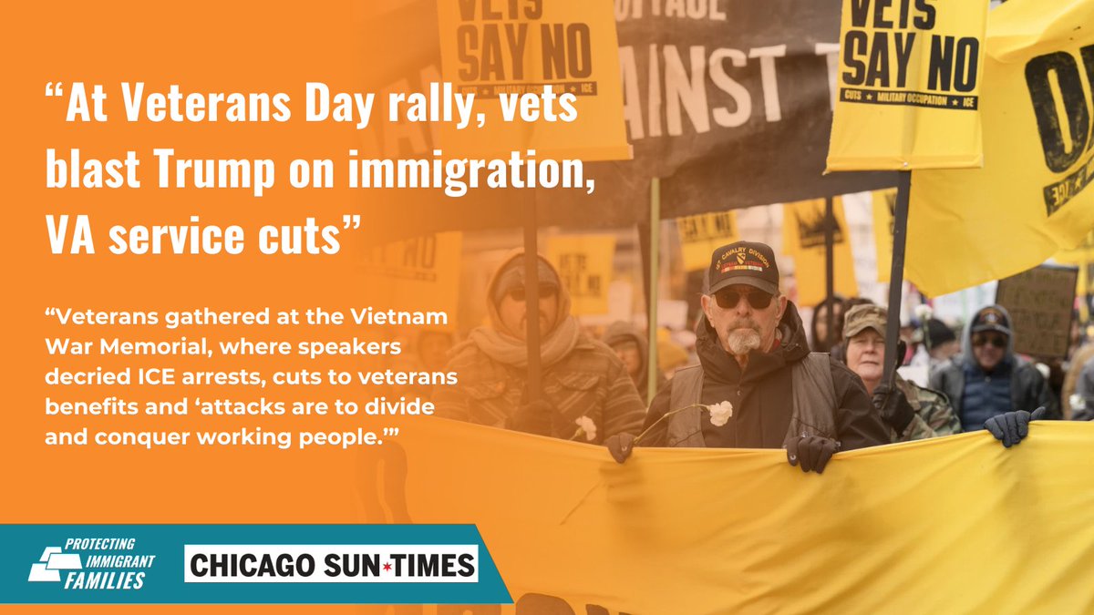 PIFCoalition's tweet image. THANK YOU to the more than 300 veterans who spent their Veterans Day protesting the ongoing cruelty against immigrants and standing up to #ProtectFamilies. chicago.suntimes.com/chicago/2025/1…