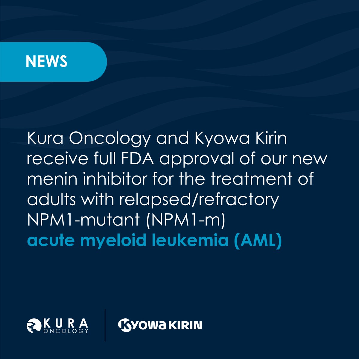 kuraoncology's tweet photo. #NEWS: U.S. FDA grants full approval of our menin inhibitor for adults with relapsed/refractory NPM1-mutant #AML. Learn how this targeted therapy marks an important shift towards precision treatment. https://t.co/13WKEp1Tik https://t.co/gLwA3RxmH7