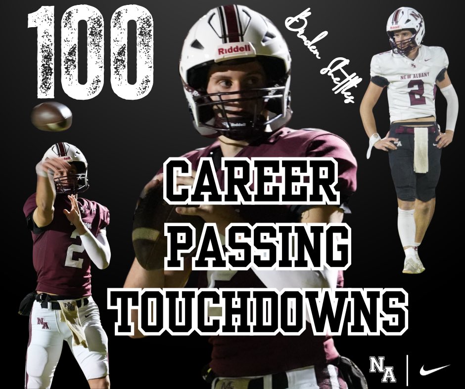 NAHSFball's tweet photo. New Albany Football milestone!
QB Braden Shettles has reached 100 Career Passing Touchdowns. This is a huge milestone for him, his teammates, and the New Albany Football program. https://t.co/nq5K9cgA98