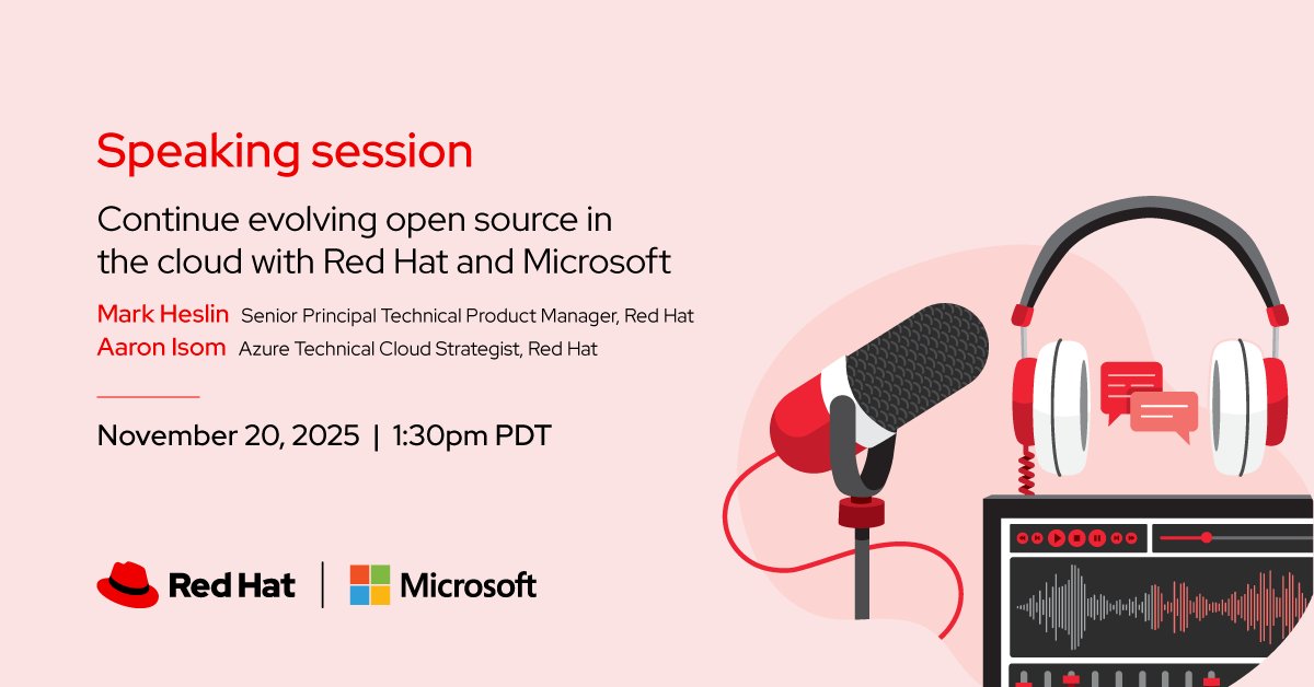 RedHatEvents's tweet image. Don&apos;t miss our #RedHat speaking session &quot;Continue evolving open source in the cloud with Red Hat and Microsoft&quot; at #Ignite2025! Check out all of our session details here: red.ht/Microsoft-Igni…