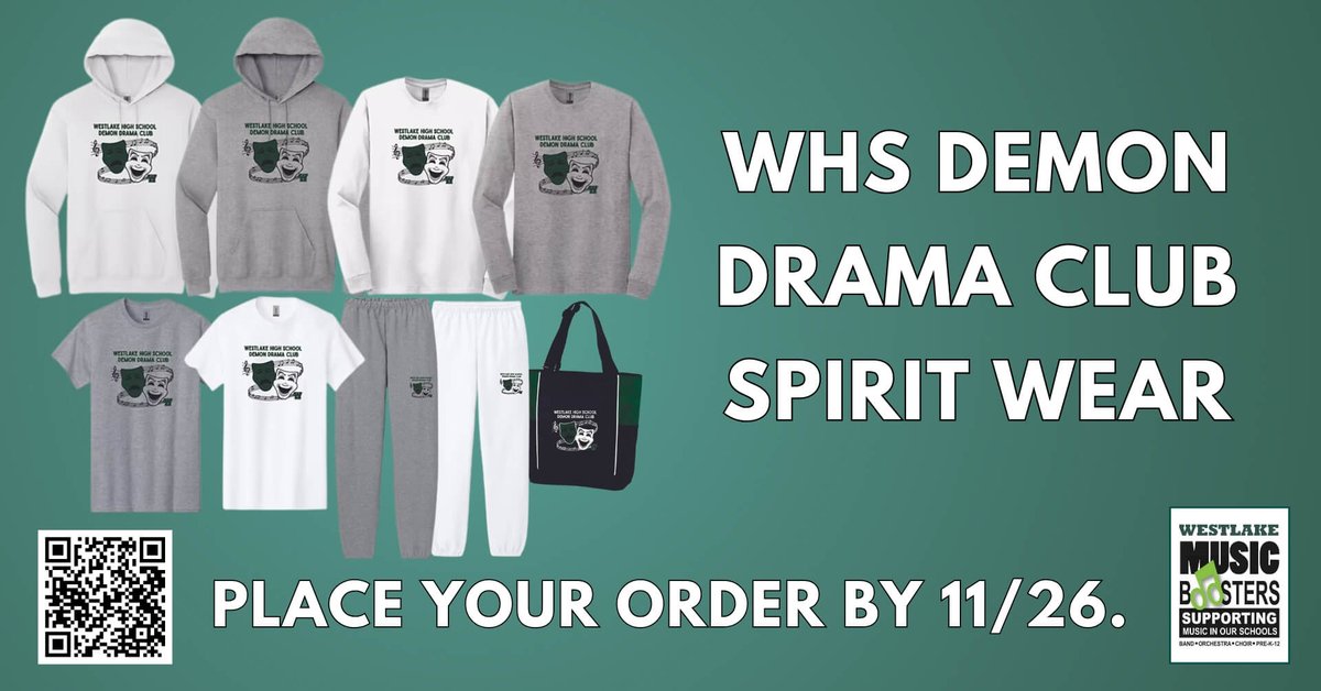 Westlake Music Boosters is happy to offer, for the first time, Demon Drama Club Spirit Wear! Place your order by Nov. 26 at randallsteamshop.com/westlakedrama.   
Orders will arrive in mid-December. 
*Please note that the green color appears darker in the images than it will be on products.