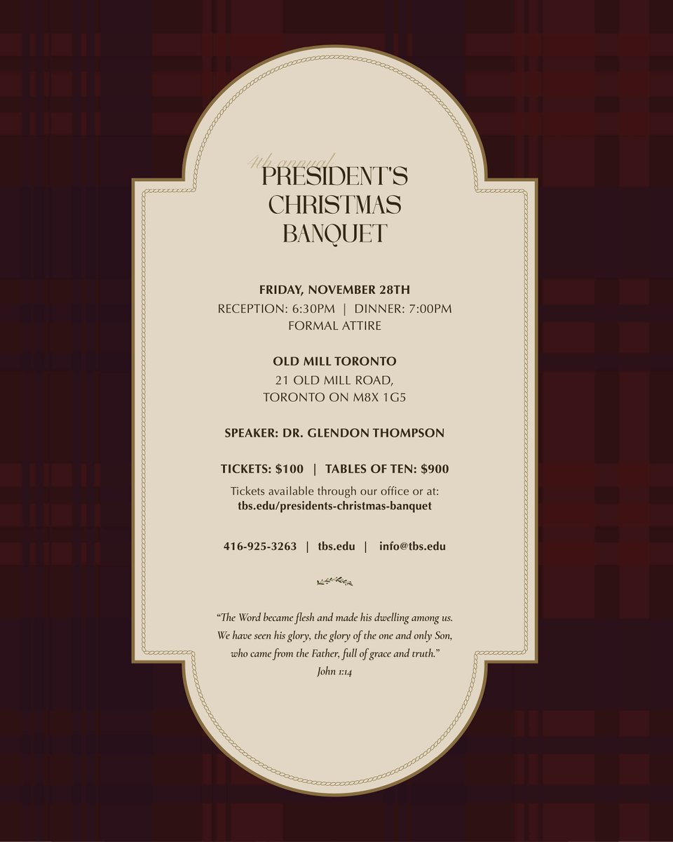 tbsedu's tweet photo. It's only two weeks away! @RevGThompson is hosting the annual President's Christmas Banquet on November 28. We hope you'll join us! 
Tickets are available here: 
https://t.co/M52cN4Flbm https://t.co/cKdcGO0YDw
