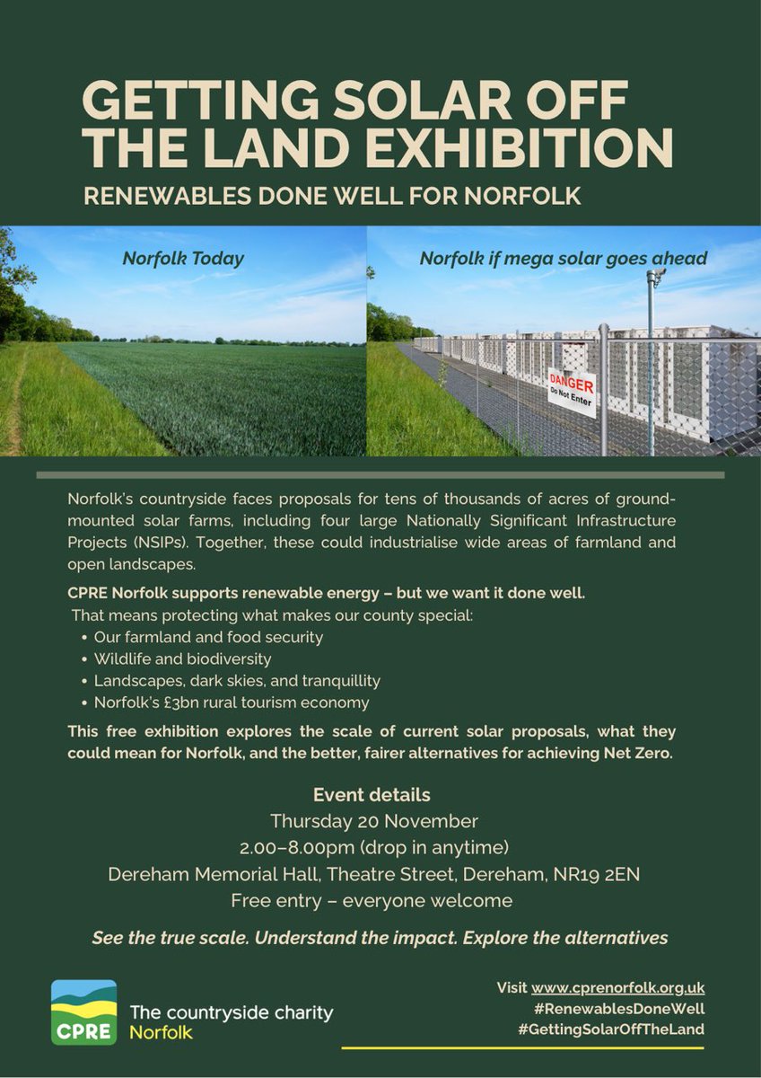 HighGroveSolar's tweet image. If you live in Breckland, Norfolk, find out about the the latest solar factory proposals on our beautiful countryside, by visiting the CPRE exhibition in the Dereham Memorial Hall NR19 2EN, between 2 and 8pm on Thursday 20 November. Everyone welcome!