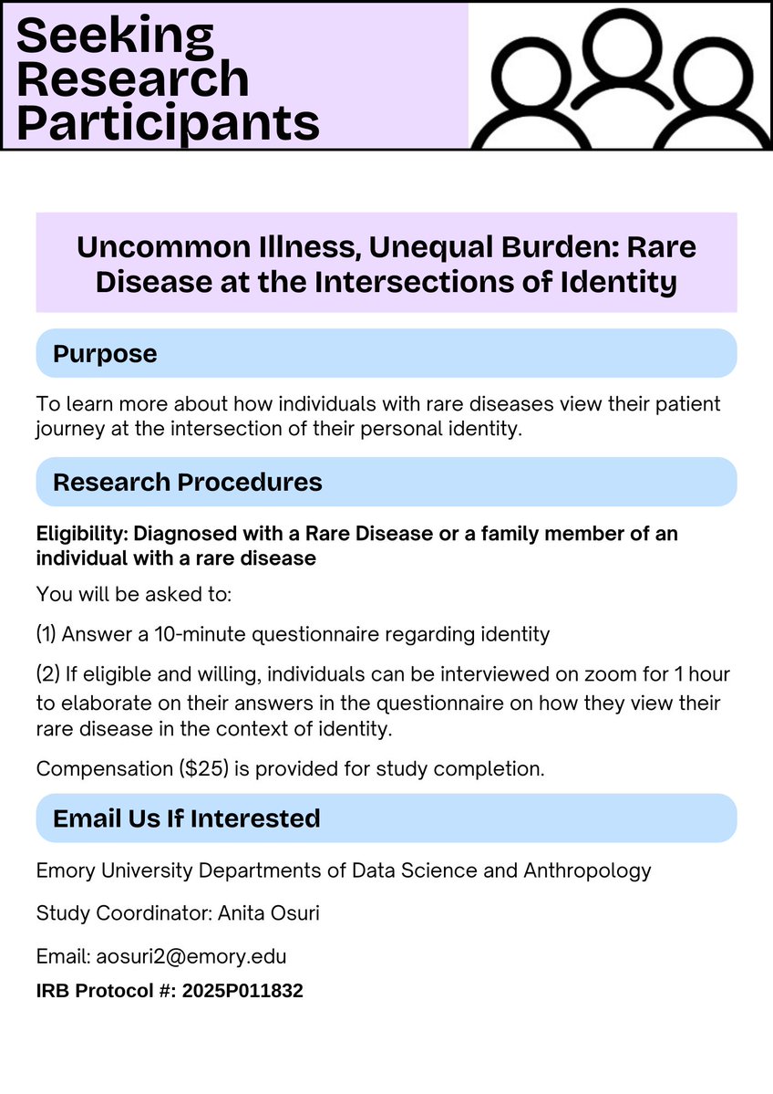 If you or a family member has been diagnosed w/a #raredisease, you're invited to participate in a survey looking at the impact of rare disease experience on identity &amp; daily life, conducted by researchers at <a href="/EmoryUniversity/">Emory University</a>. 

Learn more &amp; participate &gt;&gt; qualtricsxmth5ggx5z8.qualtrics.com/jfe/form/SV_1G…