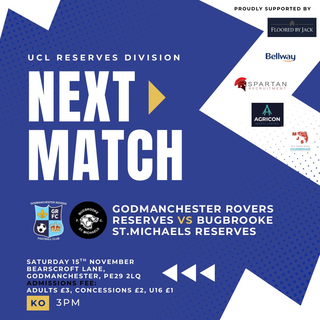 ⚽️NEXT MATCH⚽️

We’re back in action in the league this Saturday at home vs <a href="/BadgersUcl/">Bugbrooke St. Michaels FC</a> Reserves. 

Come down and show your support!🔵⚪️

📍Bearscroft Lane, Godmanchester
🕣3pm KO