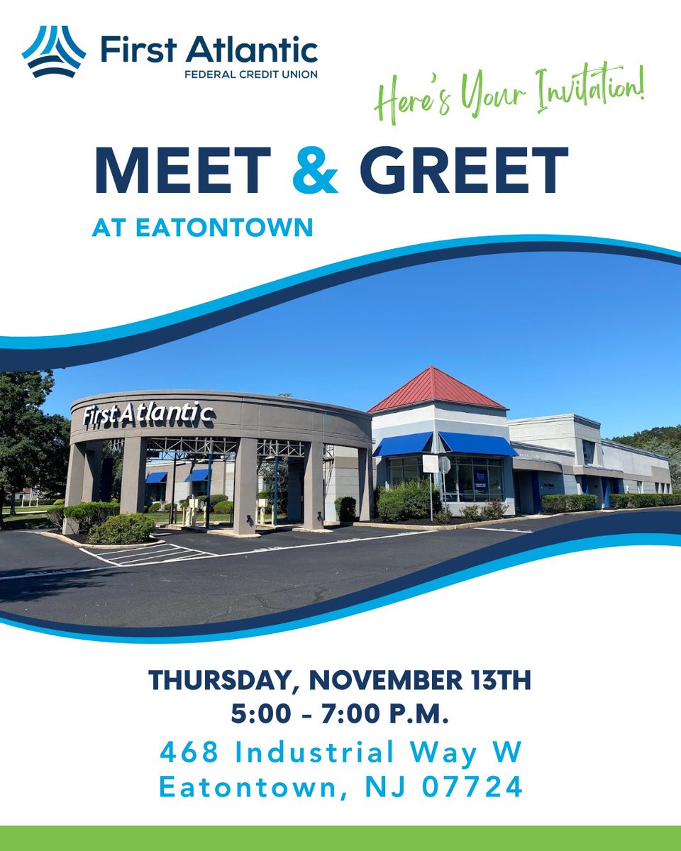 FirstAtlanticCU's tweet image. Come mix and mingle with your local credit union! Enjoy great company, light refreshments, and the chance to connect with your First Atlantic Family! 💙

Thursday, November 13th from 5 – 7 PM
468 Industrial Way W, Eatontown, NJ, 07724 (Eatontown Branch)