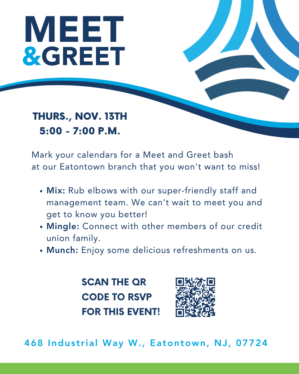 FirstAtlanticCU's tweet image. Come mix and mingle with your local credit union! Enjoy great company, light refreshments, and the chance to connect with your First Atlantic Family! 💙

Thursday, November 13th from 5 – 7 PM
468 Industrial Way W, Eatontown, NJ, 07724 (Eatontown Branch)