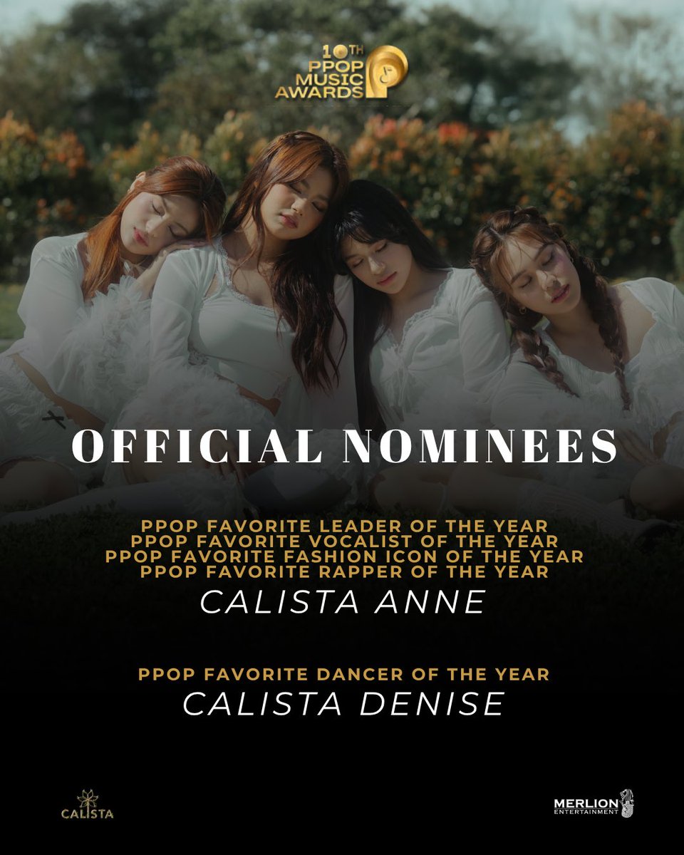 CALISTA has been nominated for the 10th PPOP Music Awards in the following categories! ✨

Download the JuanCast app or visit their website to cast your votes. 

🗓️ Voting Period: Nov. 13-27 at 9PM PHT
🔗 juancast.ph

#10thPPOPMusicAwards
#CALISTA #CalistaPH
