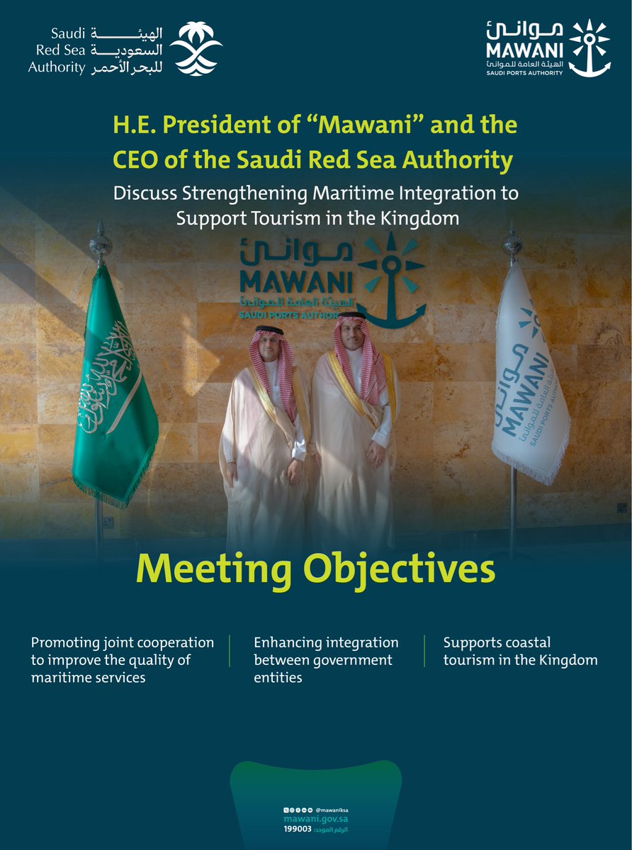MawaniKSA's tweet image. Eng. @SulimanMazroua , President of #Mawani, met with Mr. @alnassermhm, CEO of the #SaudiRedSeaAuthority, to strengthen mutual cooperation between the two entities, supporting maritime integration and enhancing the appeal of coastal tourism in the Kingdom.