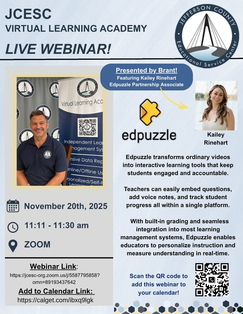JCESC_VLA's tweet photo. JCESC Virtual Learning Academy Upcoming LIVE Webinar!

📆Thursday, November 20th, 2025
🕚11:11–11:30 AM
💻 Live via Zoom

✨Featured Guest: Kailey Rinehart✨🧩
School Partnership Associate at Edpuzzle

#jcesc #VLA #virtuallearningacademy #Edpuzzle #k12schools #webinar https://t.co/bc8OFzaZBl