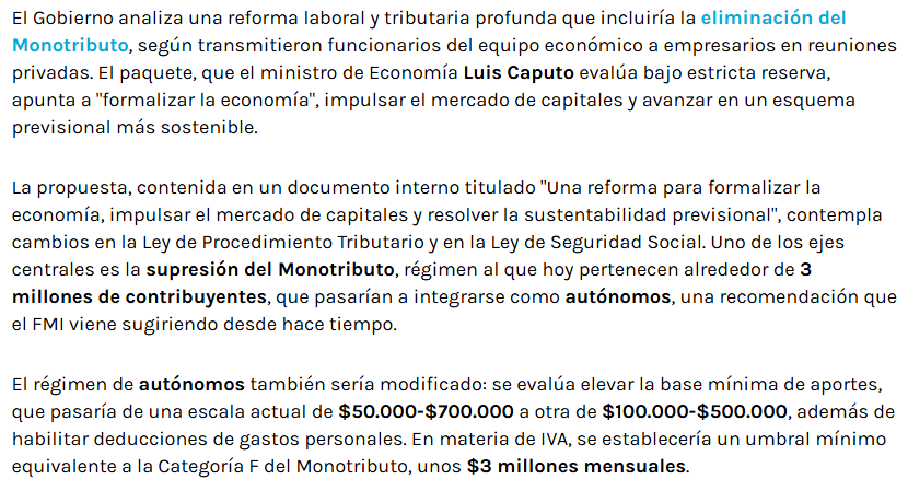 Si esto es así es un tiro en el pie <a href="/LuisCaputoAR/">totocaputo</a>.

¿Aumentar autónomos sin actualizar las categorías? 

¿Eliminar monotributo sin un régimen intermedio más simple para pequeños contribuyentes?

Todo lo bueno de una reforma lo rompen con esto.