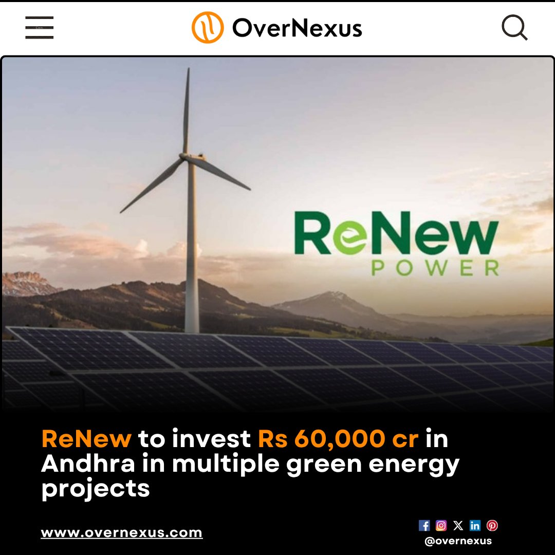 overnexusbiz's tweet image. ReNew Energy Global Plc plans to invest Rs 60,000 crore ($6.7 billion) in #AndhraPradesh, increasing its total commitment to Rs 82,000 crore ($9.3 billion). The company will establish a 6 GW PV ingot-wafer plant.

#OverNexus #ReNewEnergy #GreenProjects #SustainableInvestment