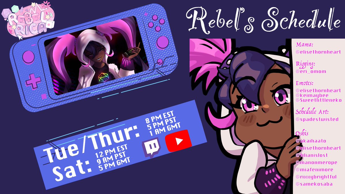 RebelRica's tweet photo. 💢🎲The Perma-Schedule🎲💢
~~~
Fan Name: ReBELLEs
Art Tag: #RebelCreate
Spicy Tag: #RisqueRica
Twitch: https://t.co/IZVdsqdQBj
YouTube: https://t.co/IWJ06ZlqCR
Discord: https://t.co/HIxj3JY3Ug https://t.co/UuWUim76xz