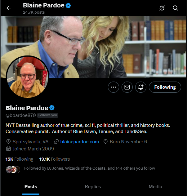 Lifting people up
Blaine Pardoe
Link: x.com/bpardoe870

New York Times Best Seller, #Battletech writer, creator of Land &amp; Sea (Book, game), all around badass.