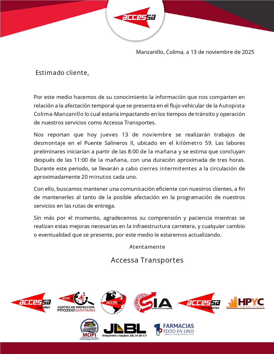 AccessaLogistic's tweet image. ✔️Comunicado para nuestros clientes
Tomen sus precauciones. ‼️