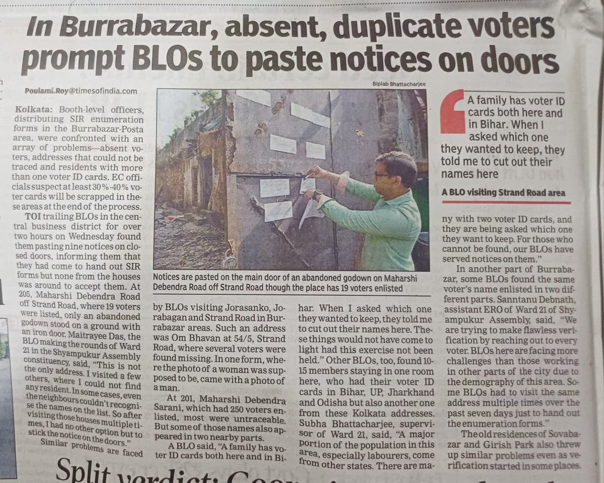 Sourav_3294's tweet image. One more news from Kolkata which you might have missed Padmaja ji. 

Around 30-40% of the voters in Kolkata's Burrabazar area turns out to be fake acc to this TOI report. Now kindly Google which community actually lives here and which party does the local corporator belongs to.