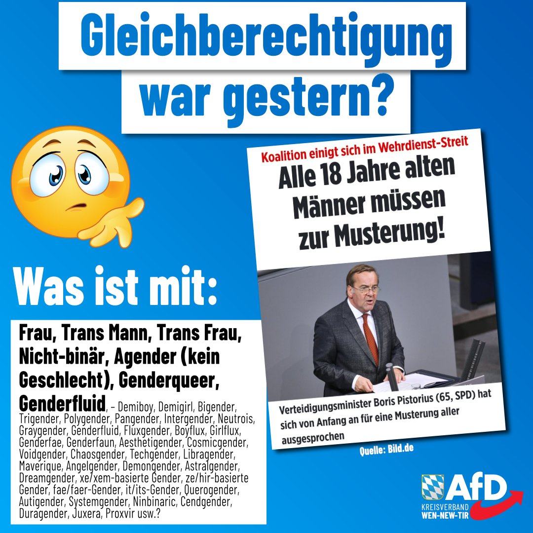 Einerseits wird laut nach Gleichberechtigung gerufen – aber sobald es ernst oder unangenehm wird, kippt die Stimmung ganz schnell.

Unsere Linie ist eindeutig:
Wehrpflicht und Zivildienst: ja.
Deutsche Soldaten in fremden Kriegen: NEIN!