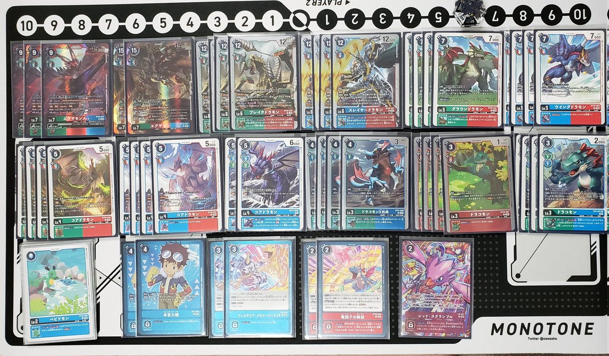 digicarunedaigo's tweet image. 今日のテイマーバトル
調子悪めのBT-20からエグザモン
VS青緑インペ　×
VSイーター　×
VS緑グッドスタッフ　○
新規エグザモンの威力を確認できました。レベル6をしっかり入れてるのでACEの選択肢があるのもGOOD
攻撃性能上がったので枚数調整でエグザモンX抗体は抜けました
ぜひ遊んでみてね！