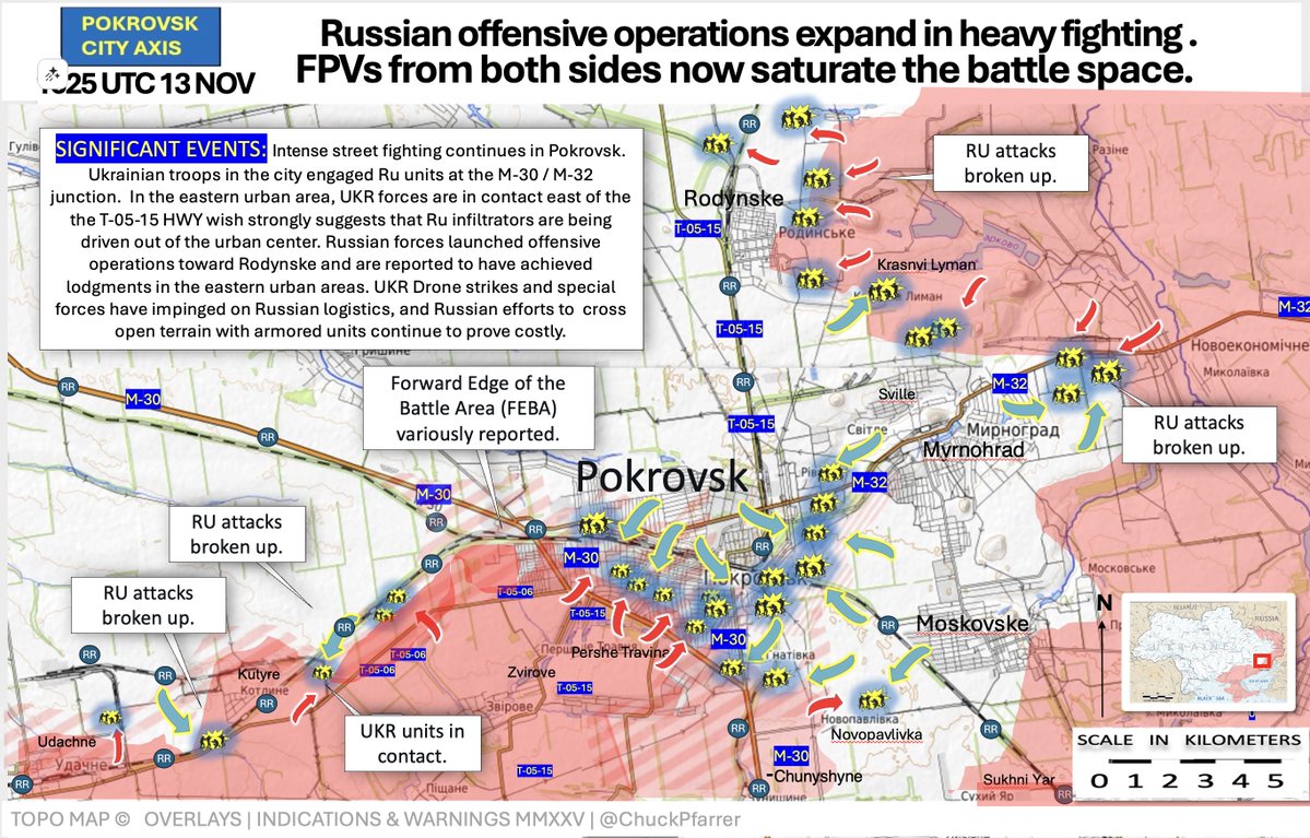 波克罗夫斯克地区的详细战术地图，标有 11 月 23 日日期 25 日，显示俄罗斯的进攻行动在激烈的战斗中不断扩大。红色阴影区域表示 FSB 战区前缘，城市地区发生激烈巷战。蓝色和其他标记表示乌克兰部队与强大的城市 UGR 部队接触、俄罗斯袭击、破坏建筑物以及 T-15 等重大事件。底部以米为单位从 0 到 5，并带有 Chuck Pfarrer 指示和警告信用。