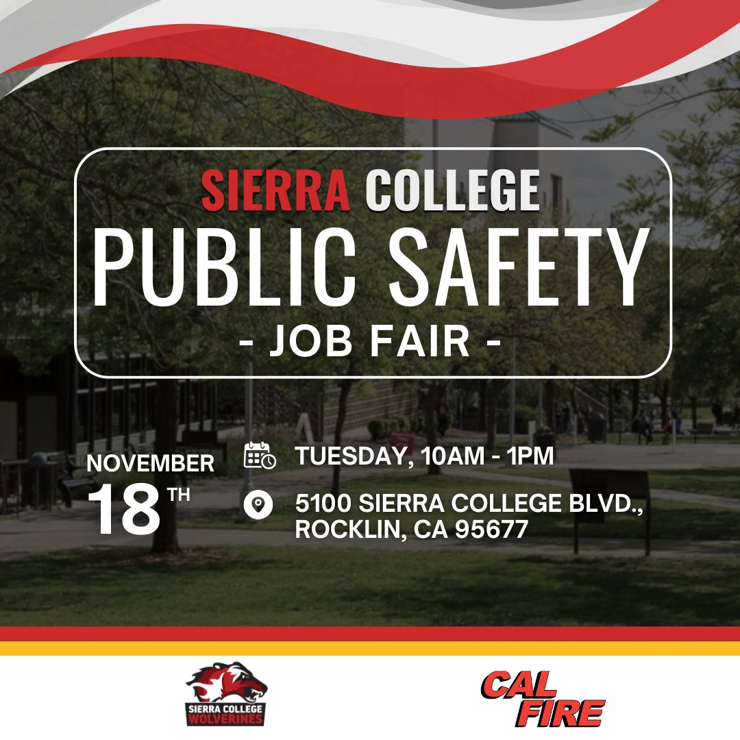 📢 We’ll be at the Sierra College Fall Public Safety Job Fair!

📅 Tuesday, November 18, 2025
🕚 10:00 a.m. – 1:00 p.m.
📌 5100 Sierra College Blvd., Rocklin, CA 95677

This event is open to the public, so come meet our recruiters and personnel from the Nevada-Yuba-Placer Unit!