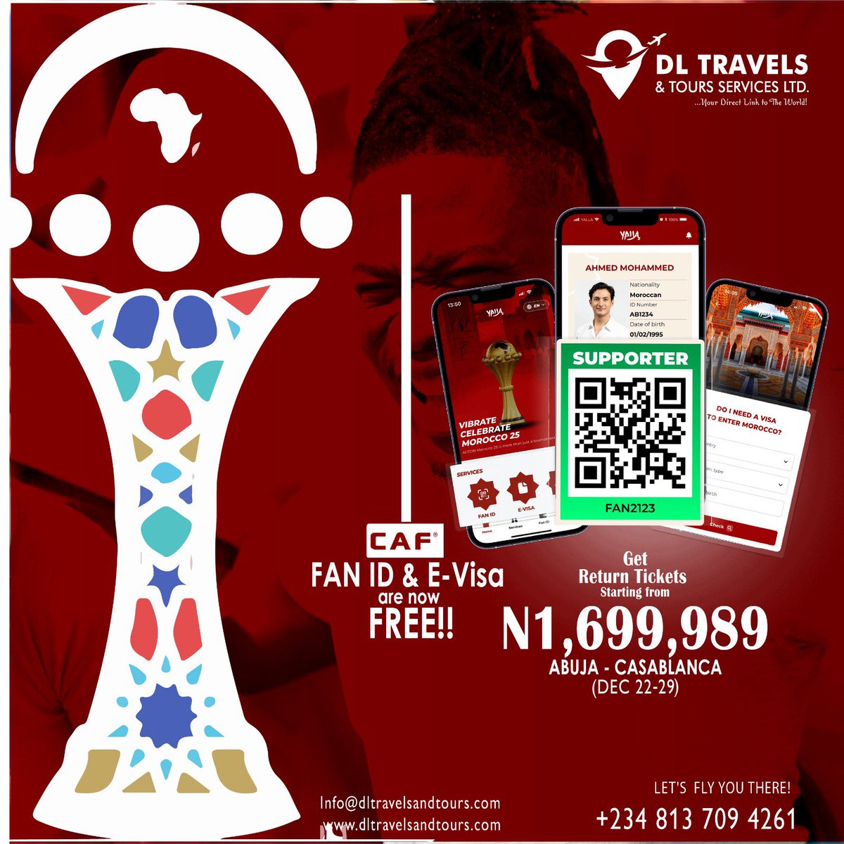 JulesInfoTech's tweet photo. 🔥 FAN ID &amp; E-Visa to watch AFCON in Morocco 🇲🇦 is still Free!!!
Come make I help you make arrangements and book your flight ticket #Morocco #AFCON2025 #TotalEnergiesAFCON2025 #footballtravels #flightdeals https://t.co/zfbfuUlXzc