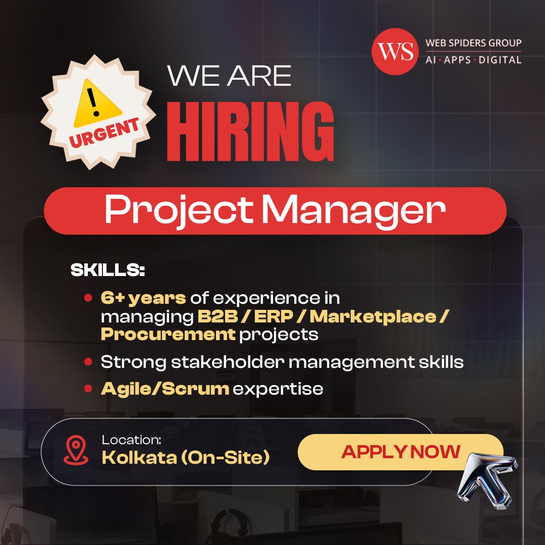 Urgent hiring alert! 🚨 

We are looking for a Project Manager with 6+ years of experience.

📍Location: Kolkata (on-site) 

Apply now and join our team: webspiders.com/career/project…

#HiringAlert #ProjectManager #Agile #KolkataJobs #JobAlert #B2B #ERP #Scrum #WebSpiders