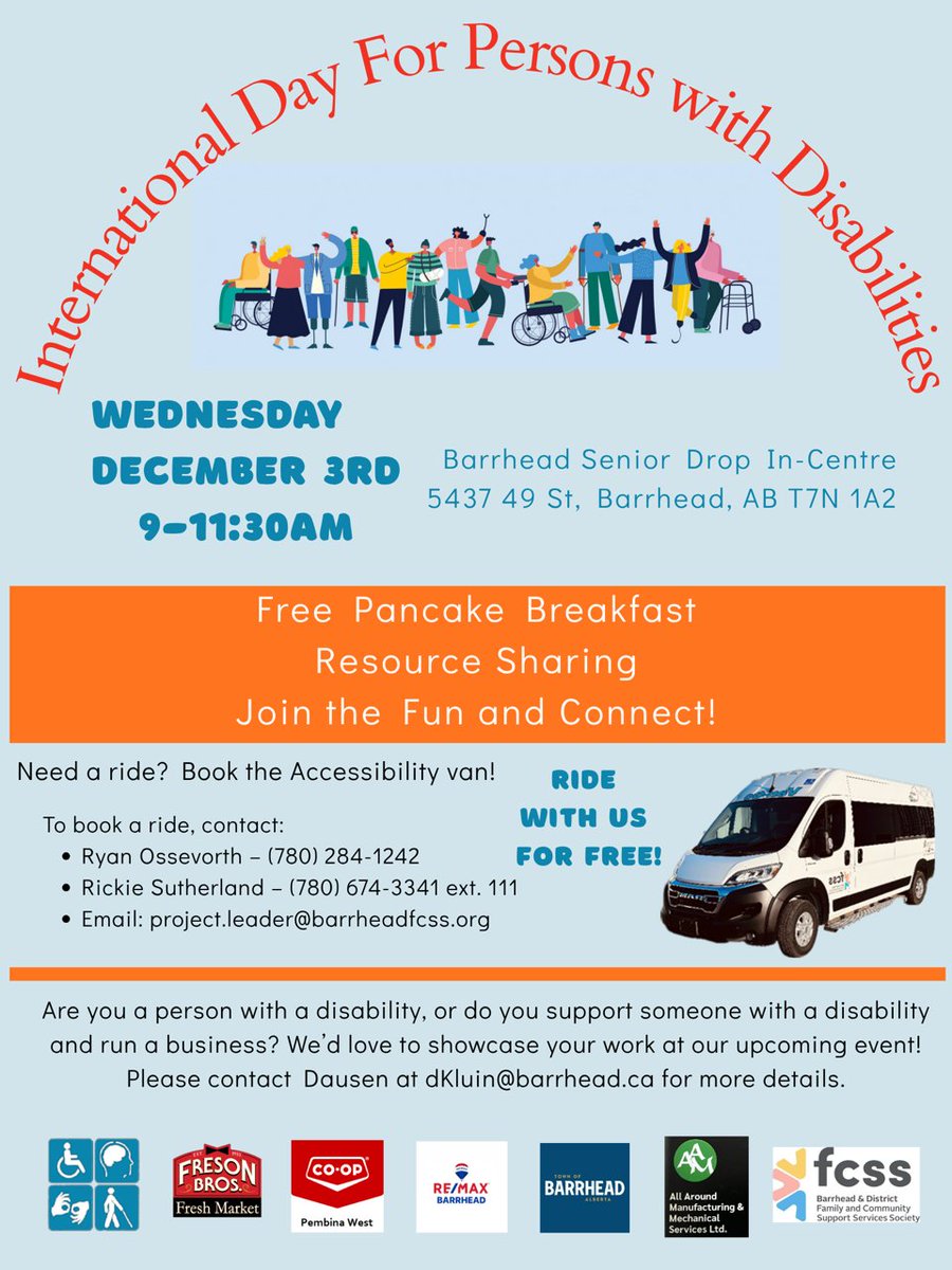 FREE Pancake Breakfast for IDPD! Wed Dec 3, 9–11:30am, Seniors Drop-In Centre. Meet supports, learn how to help, and book a ride: project.leader@barrheadfcss.org
 Book a vendor spot: dkluin@barrhead.ca
