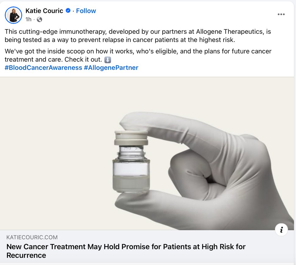AllogeneTx's tweet photo. ICYMI: @katiecouric highlighted the ALPHA3 trial evaluating an investigational allogeneic #CART therapy to help prevent relapse in high-risk #LBCL patients - advancing innovation in cancer care. $ALLO

Learn More: https://t.co/KCjqdb75X7 https://t.co/DlgzviesQA