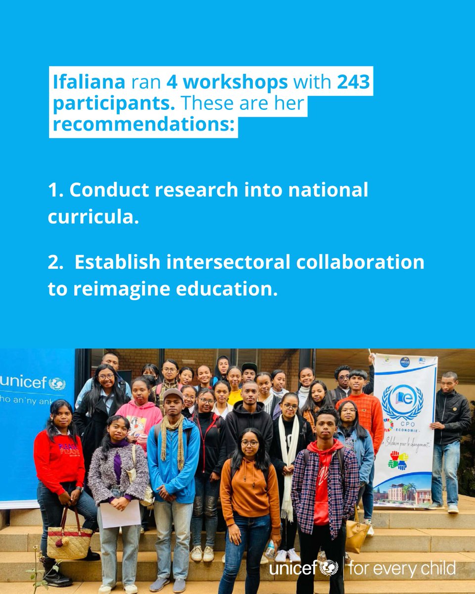 UNICEFMada's tweet photo. 🎓 From Madagascar to the world, young changemakers like Ifaliana Lahatriniavo Rasidinantenaina are shaping the future of learning.
➡️ Their message: education must be equitable, inclusive &amp; future-focused.
📘 Read the #YoungVisionaries Report: https://t.co/pNsElgBxjS. https://t.co/gj3xUVwTlt