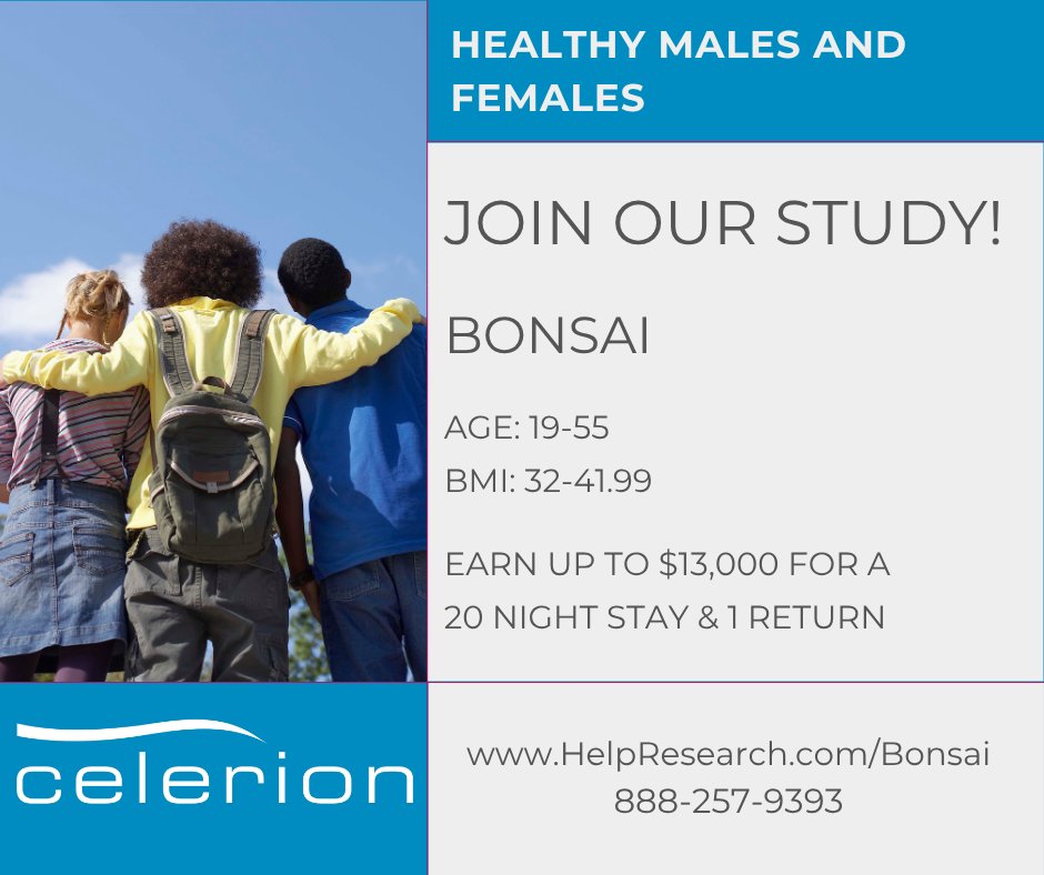New Bonsai Study for BMIs 32-41.99 at Celerion! You can earn up to $13,000 ($200 Screening Stipend) for this study with a 20 Night Stay &amp; 1 Return. $500 Referral Bonus! Contact Celerion at 888-257-9393 or visit HelpResearch.com/Bonsai today!