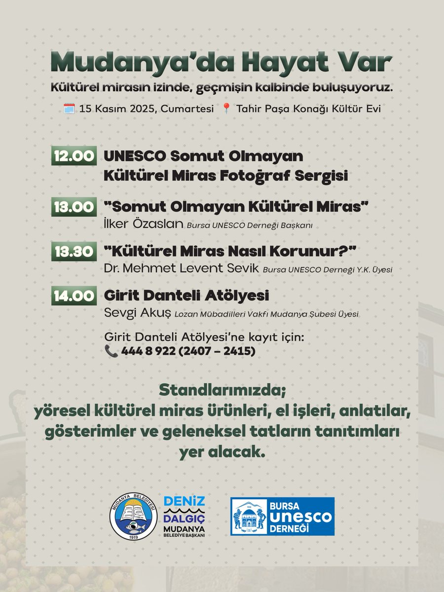 Geçmişin izinde, kültürel zenginliğimizi keşfetmeye davet ediyoruz.

Mudanya’nın kültürel mirasını yaşamak ve paylaşmak üzere herkesi Tahir Paşa Konağı’na bekliyoruz.

🗓️ 15 Kasım, Cumartesi
⏰ 12.00
📍 Tahir Paşa Konağı