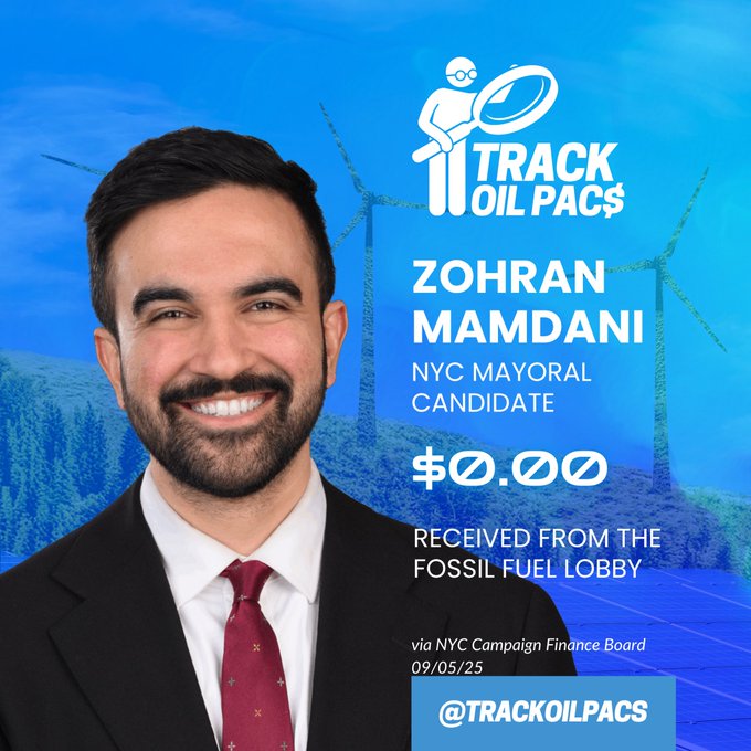Blue background with wind turbines and a figure holding a magnifying glass over Track Oil PACs logo. Portrait of Zohran Mamdani smiling in suit and red tie. Text labels him as NYC Mayoral Candidate received $0.00 from the Fossil Fuel Lobby via NYC Campaign Finance Board as of 09/05/25. Includes @TrackOilPACs handle.