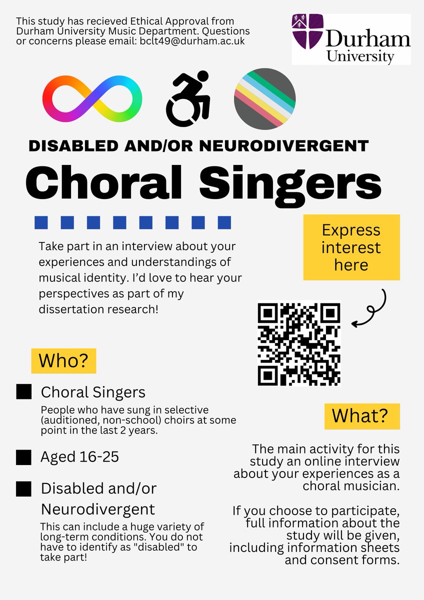 piccobass's tweet photo. Identify as disabled, neurodivergent, or have a long-term condition? Sing in a choir? Aged 16-25? 

Fill in this form to take part in research about musical experiences and identity! 

Expression of interest: identity and disabled choral musicians research – Fill out form https://t.co/eqrFUClVVC