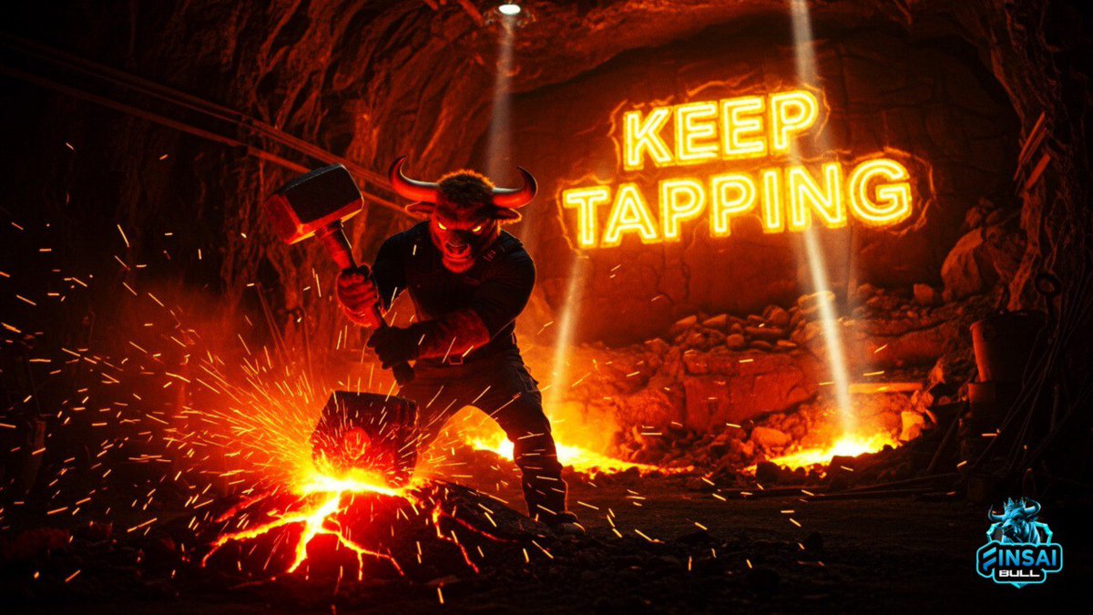 Finsaibull's tweet photo. ⚒️ Every strike breaks new ground.  
Every tap brings you closer to gold. 💥

🔥 Finsai Bull is deep in the mines reminding you…  
✨ KEEP TAPPING ✨

More taps = More power = More rewards.  
Don’t stop now, Bull Army.  

🔗 Join the grind → https://t.co/fFf2DAbCct https://t.co/FoNtfBUrZx
