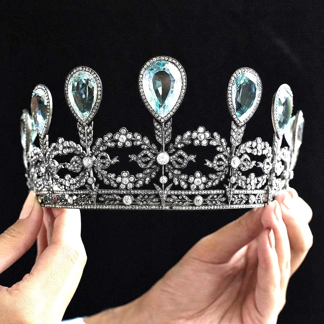 This is the historic Fabergé aquamarine and diamond tiara, commissioned in 1904 by Grand Duke Frederick Francis IV of Mecklenburg-Schwerin as a wedding gift for Princess Alexandra of Hanover and Cumberland