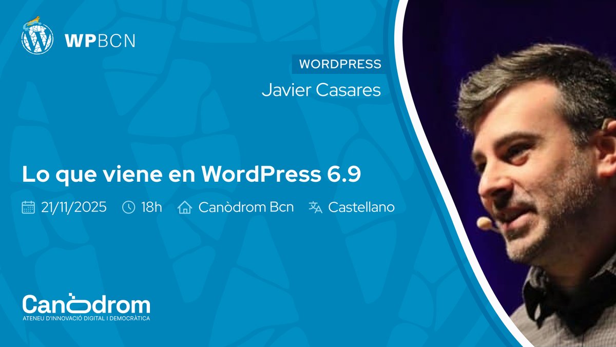 Este mes en las Meetups de WordPress Barcelona daremos un repaso a las novedades de la nueva versión de WordPress 6.9 de la mano de <a href="/JavierCasares/">Javier Casares</a> , te lo vas a perder? Confirma tu plaza aquí meetup.com/wordpressbcn/e…