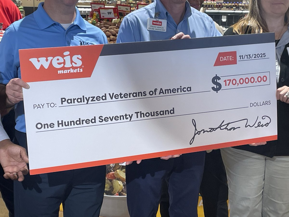 realmannynation's tweet photo. WEIS MARKET with the HELP from the Community it serves Donated a Check for $170,000.00 too PVA Paralyze  Veterans of America watch @WMAR2News has the story tonight https://t.co/2aMKq9Hwse