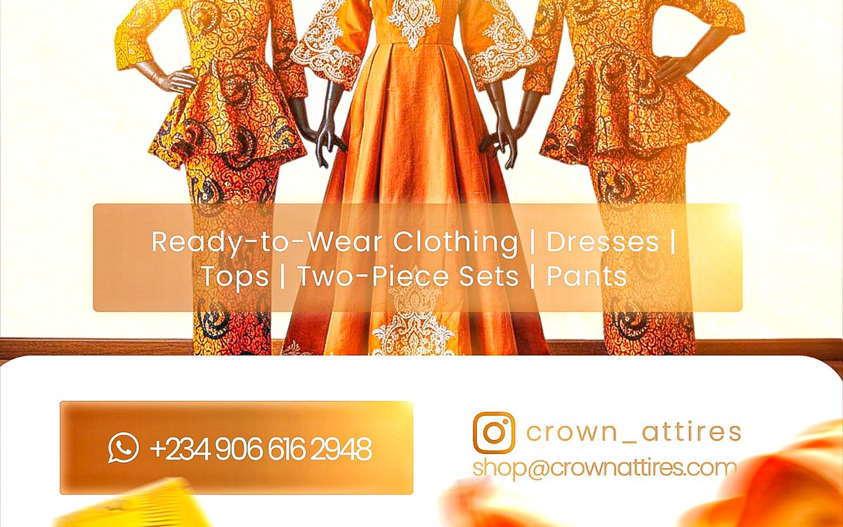 DavidOguny74542's tweet image. Designing Crowns Attire’s campaign was all about culture + confidence. 🌟
Rich amber &amp;amp; burnt orange set the tone, with creamy white accents.
STYLE THAT SPEAKS CONFIDENCE — “CONFIDENCE” shines in a fiery gradient, premium &amp;amp; bold.

Which part speaks to you most? 👇
#graphicsdesign