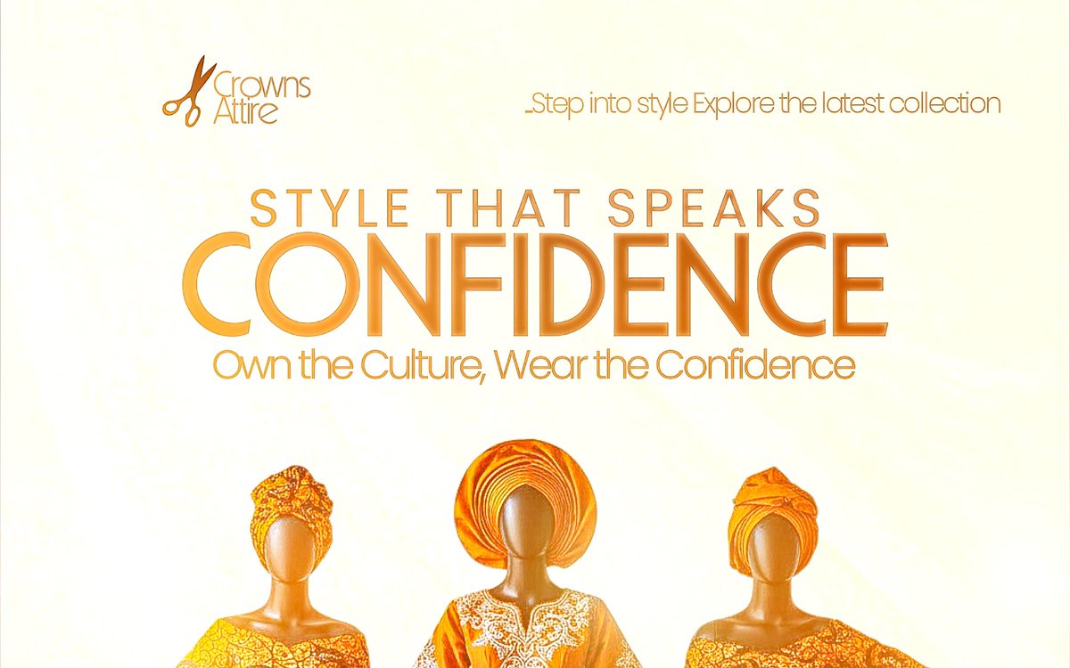 DavidOguny74542's tweet image. Designing Crowns Attire’s campaign was all about culture + confidence. 🌟
Rich amber &amp;amp; burnt orange set the tone, with creamy white accents.
STYLE THAT SPEAKS CONFIDENCE — “CONFIDENCE” shines in a fiery gradient, premium &amp;amp; bold.

Which part speaks to you most? 👇
#graphicsdesign