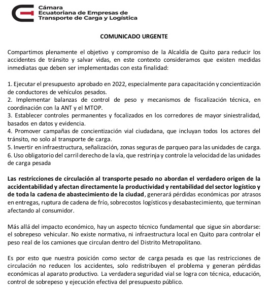 Nos pronunciamos sobre la restricción vehicular para camiones en el Distrito Metropolitano de Quito.

Eduquen, controlen y planifiquen. No restrinjan la productividad.

Porque un transporte de carga seguro y eficiente no es el problema es parte de la solución para una ciudad más