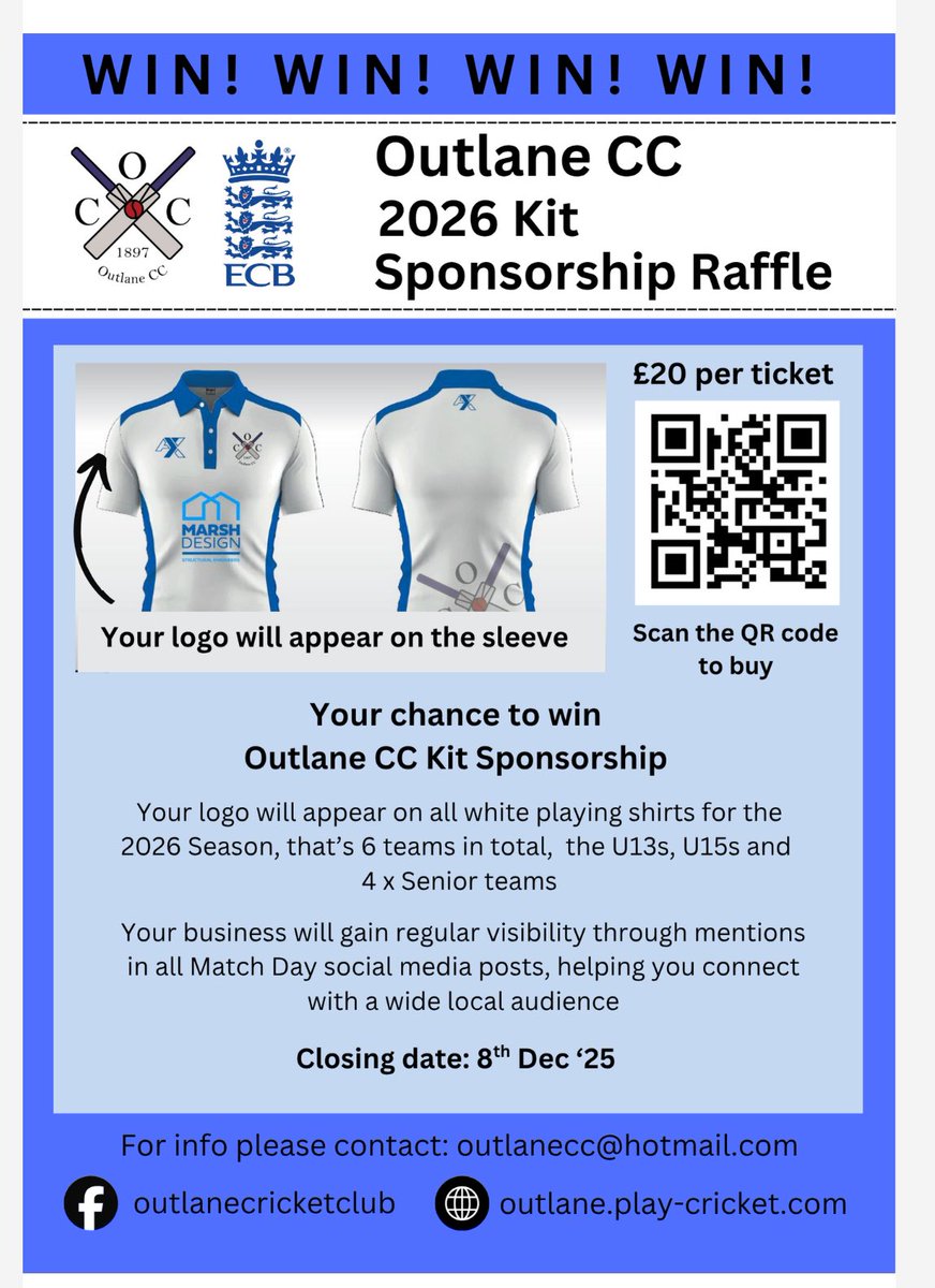 Don’t forget to buy a raffle ticket to win sponsorship on the sleeve of 6 Outlane CC teams next season!

Tickets only £20!

outlane-cricket-club.sumupstore.com/product/2026-s…