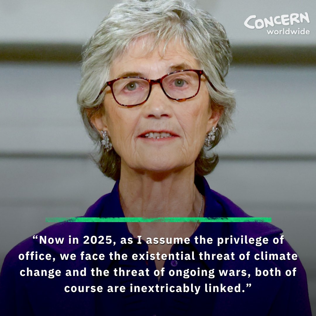 Concern's tweet image. Earlier this week Catherine Connolly was inaugurated as the 10th President of Ireland, and in her first speech as Uachtarán na hÉireann, she acknowledged the devastating impacts of conflict, climate change and displacement on our world.

Noting the link between conflict and…