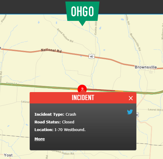 ODOT_EastCenOH's tweet image. Licking County: I-70 West is CLOSED 1.8 miles beyond SR-668 On-Ramp (MM: 139), due to a crash. Check OHGO.com for updated travel information. Please use alternate routes. #MoveOverSlowDown