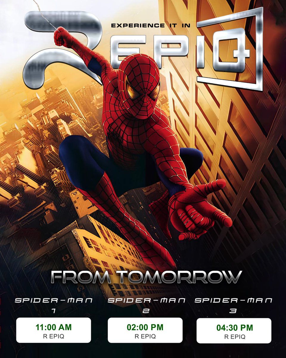 RadianceCinema's tweet photo. It’s nostalgia overload!😍 #TobeyMaguire Week begins at #RadianceCinema
#SpiderMan1 #SpiderMan2 #SpiderMan3
#RadianceCinema #EPIQ #Spidermania
https://t.co/kUlxqa48b2 Grab your tickets 🍿🎥 https://t.co/APSwn1W2Yt