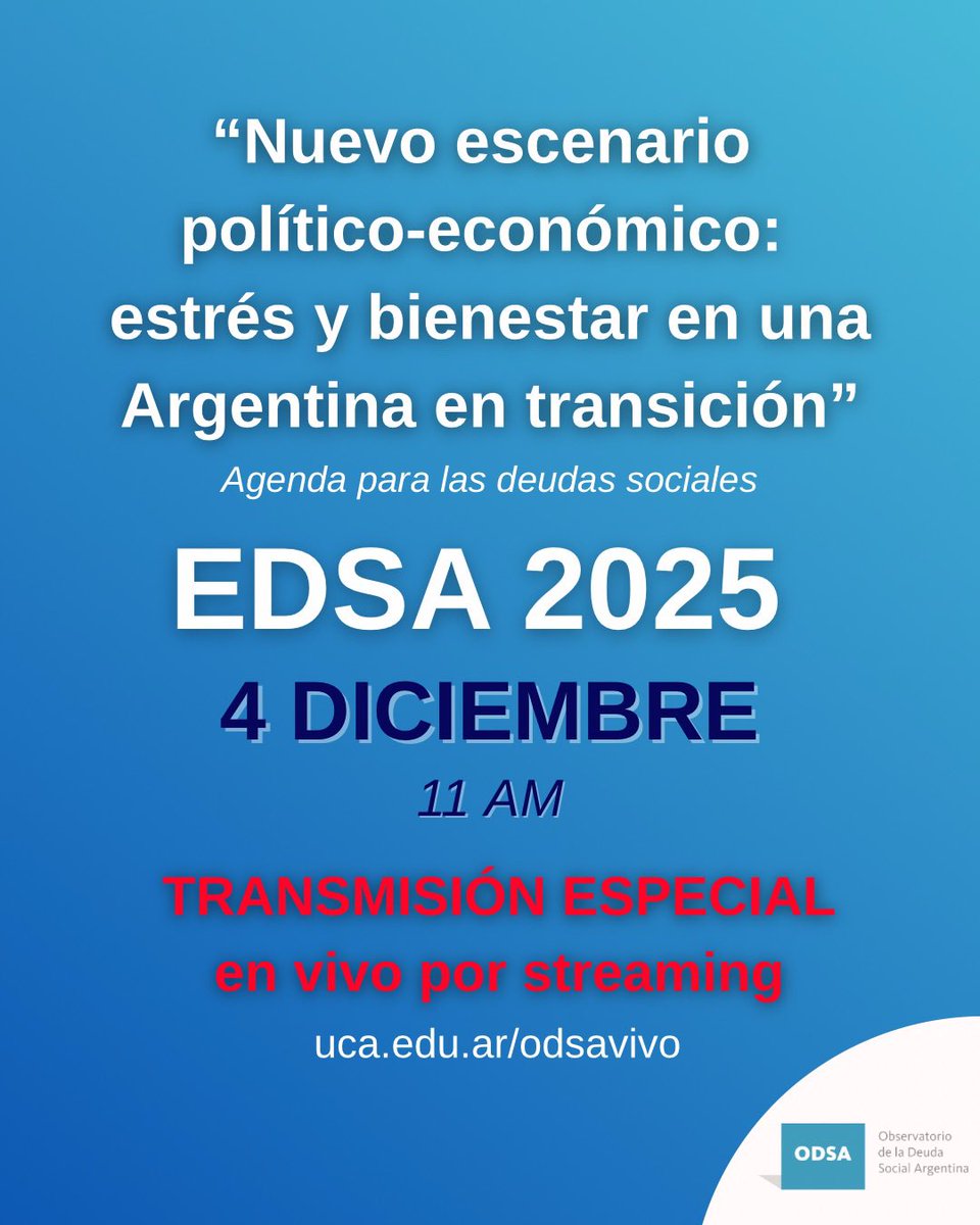 🔴 El próximo 4 de diciembre, a las 11hs, se realizará la presentación anual en vivo de los resultados de la EDSA 2025. 
Cada año, la vulneración de derechos básicos define la realidad de miles de argentinos: infancias sin pleno acceso a la alimentación, familias sin un hogar